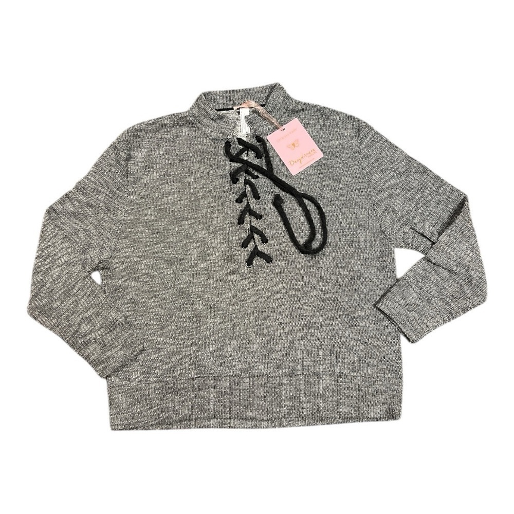 Gray Sweater with Black Lace-Up Detail